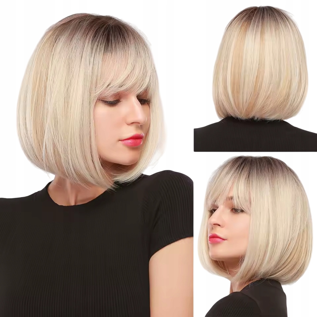Peruka Damska blond ombre bob z grzywką refleksy jak naturalne włosy czepek