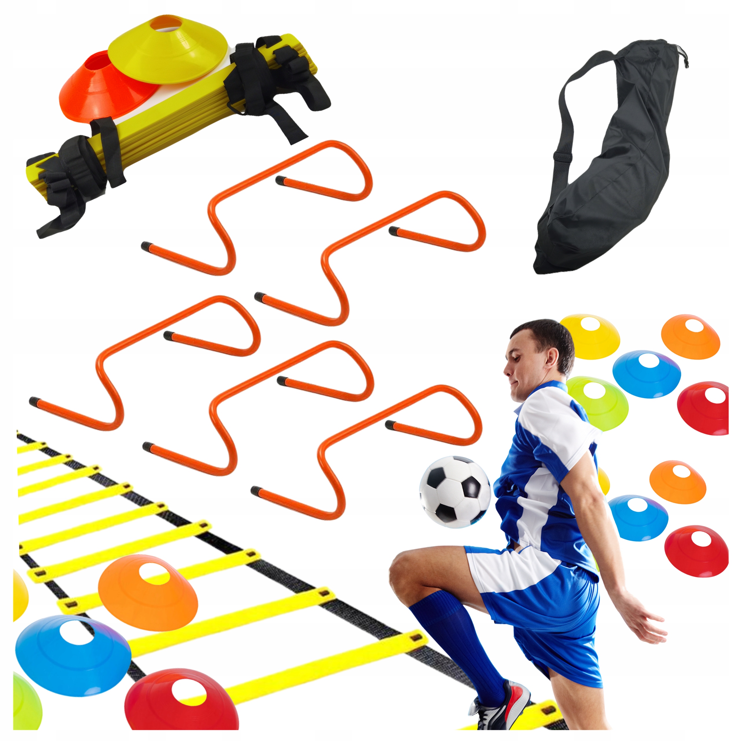 Zestaw piłkarski treningowy 19w1 drabinka 6m płotki 15cm Pachołki Torba