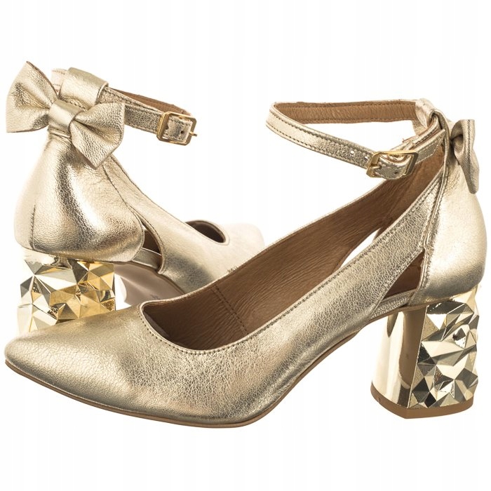 Dámské kožené lodičky na podpatku Maciejka zlaté 05059-25/00-1