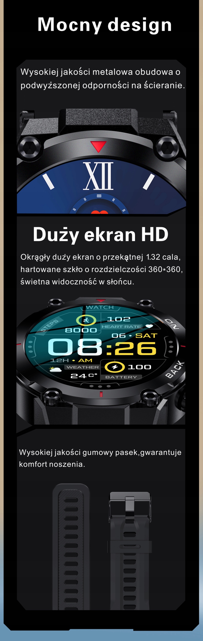 Smartwatch GRAVITY GT8-1 CZARNY Męski TĘTNO KALORIE SEN ROZMOWY BT PL SEN Złącza brak
