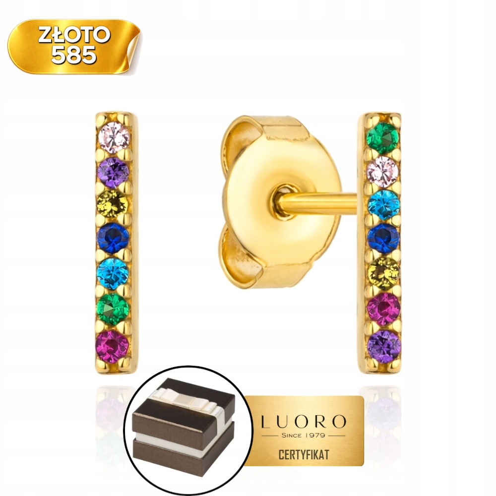 Náušnice Zlaté 585 14K Obdélníkové S Barevnými Kameny Tyčinka 9 MM