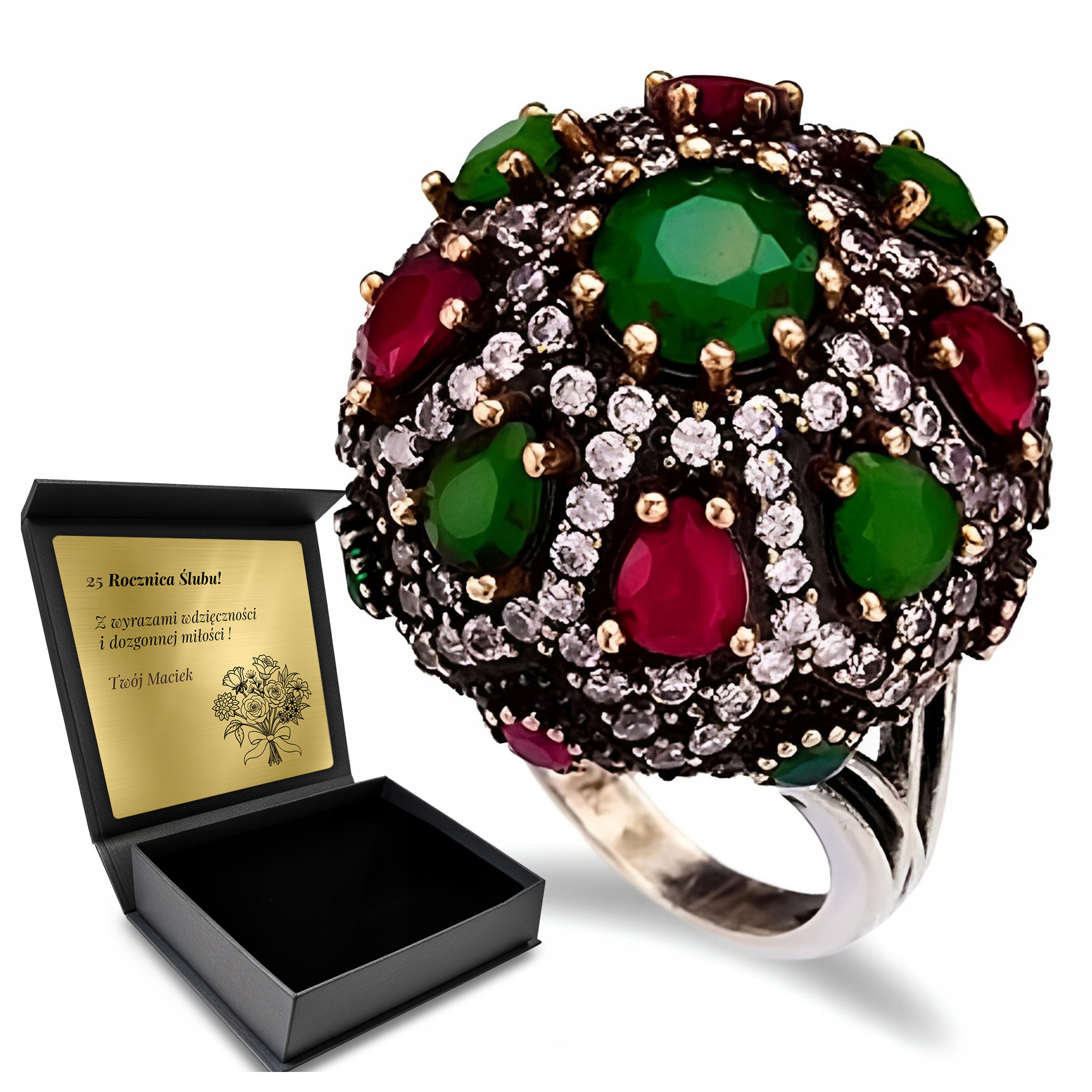 Prstýnek Zirkony Rubín Smaragd Dárek na Valentýna Gravírování