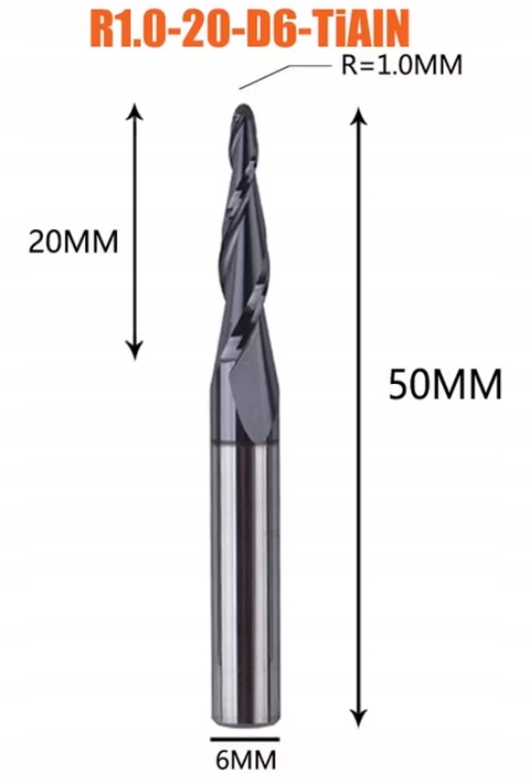 Kónická spirálová fréza R1,0x6,0x20x50 pro Cnc