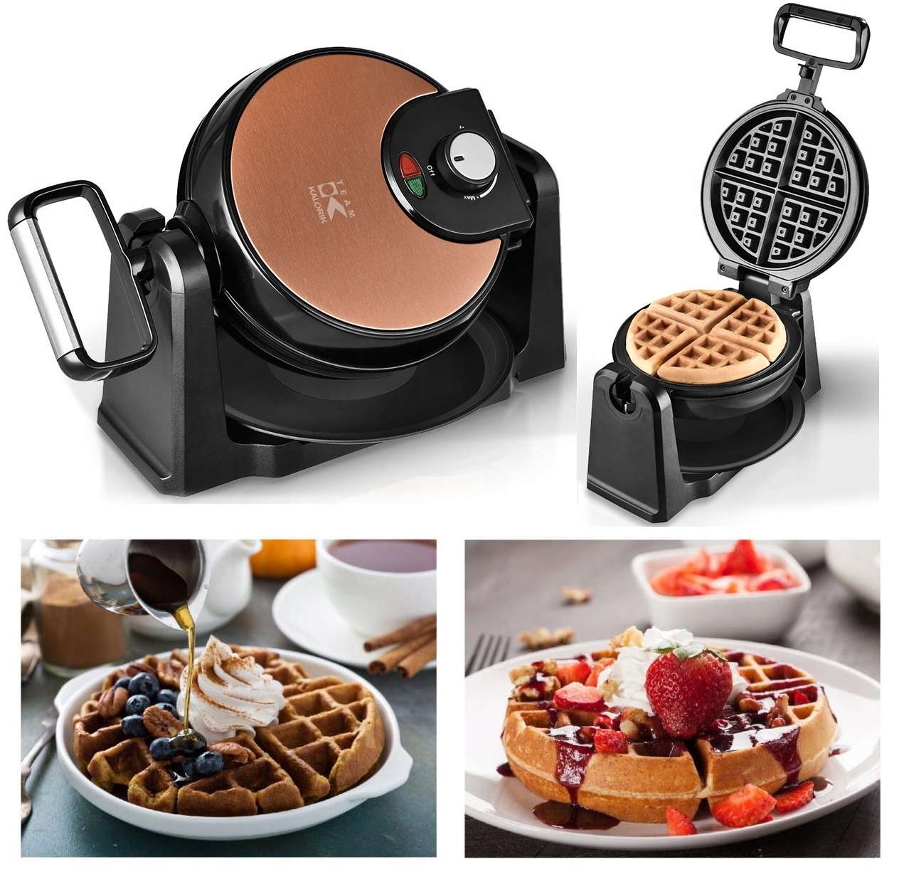 MOCNA GOFROWNICA OBROTOWA 4 Chrupiące Gofry BELGIJSKIE 1000W NONSTICK 180° Kod producenta TKG WM 1050 CO