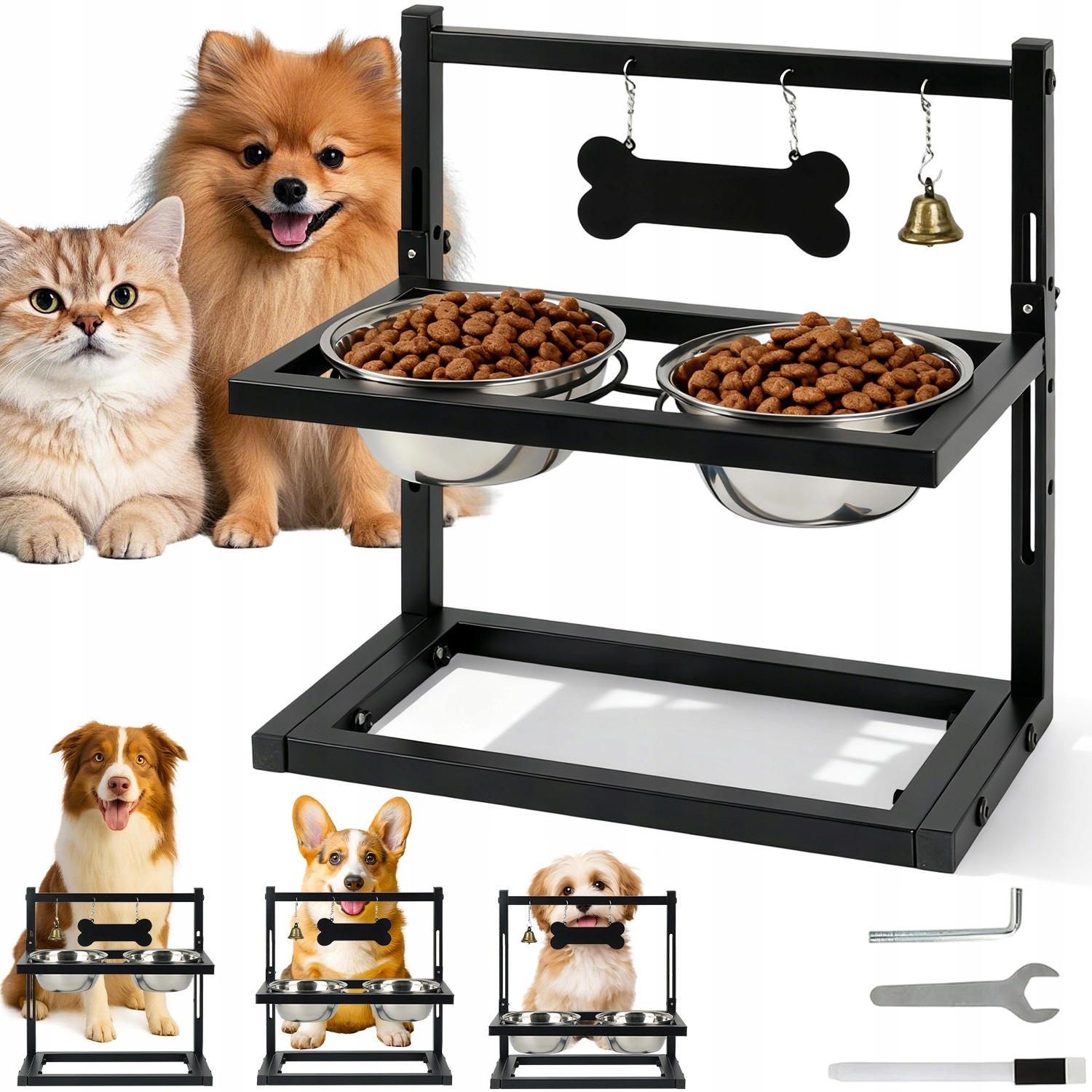 Levně Kovový Stojan Pro Psa 2 Misky Nerez Nastavitelné Výška 1.15 L Zvonek ID