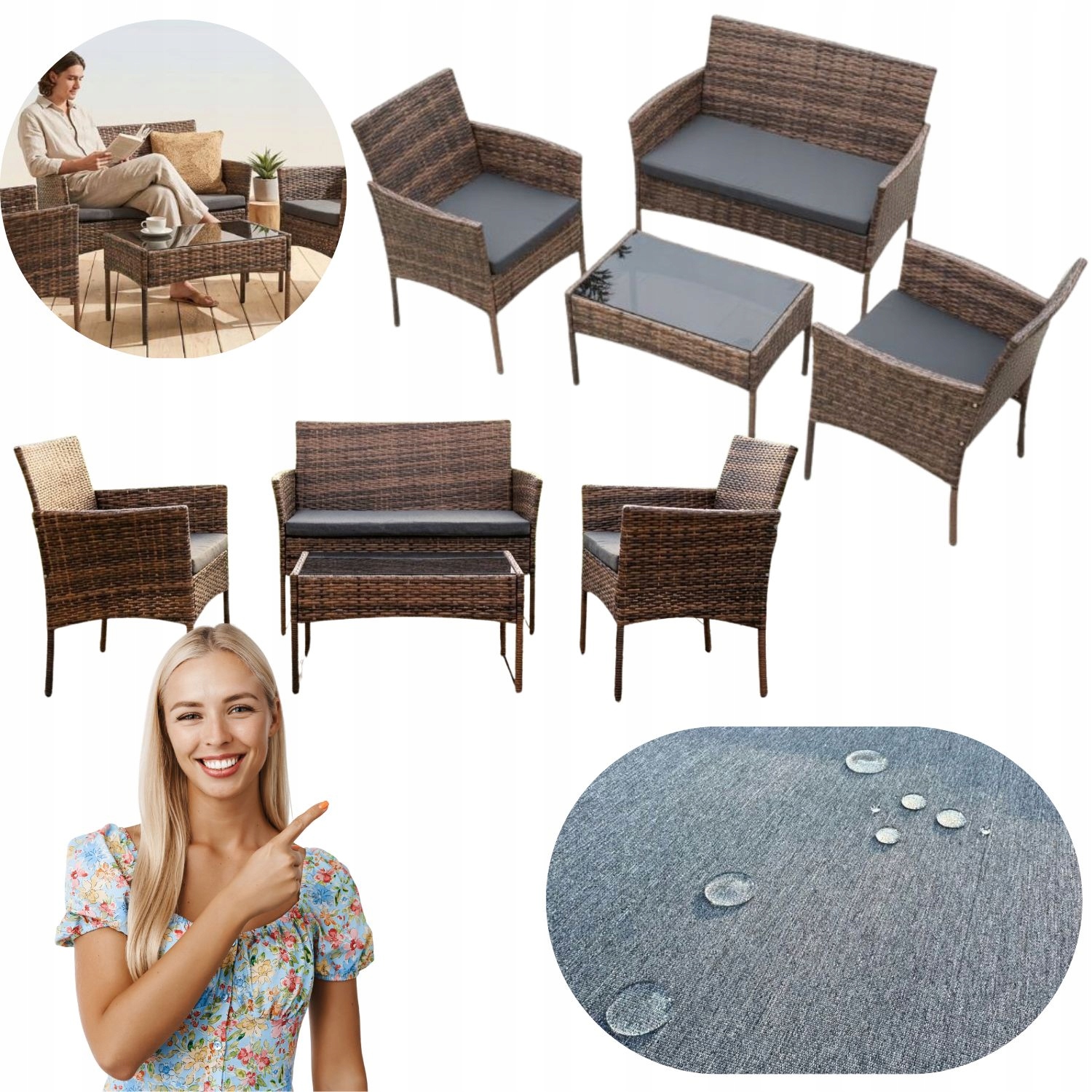 Meble Ogrodowe Zestaw Boho Brąz Na Taras Balkon Stół Krzesła Sofa