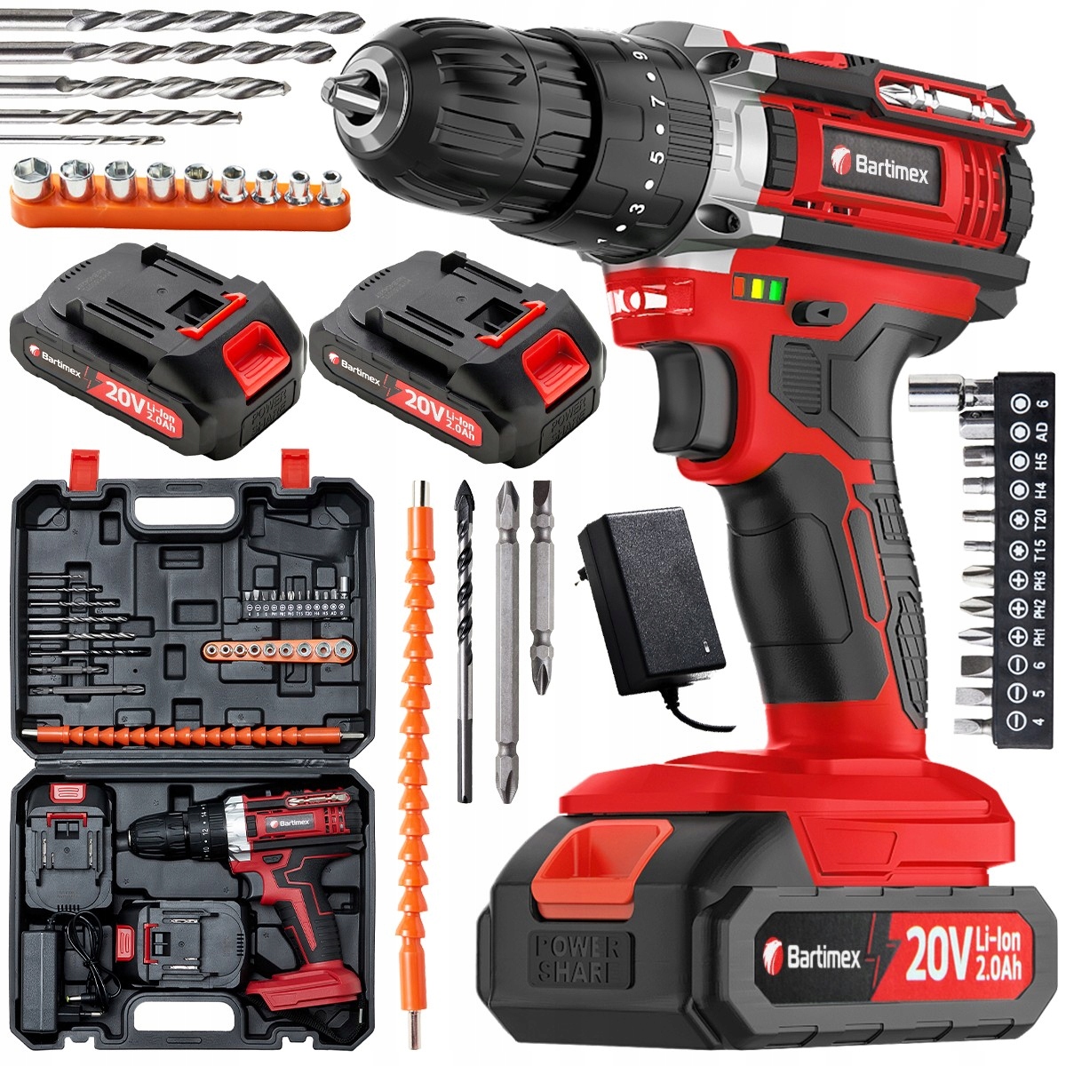 Wiertarko Wkrętarka 20V 2 akumulatory 2,0Ah Bity Wiertła Walizka Zestaw