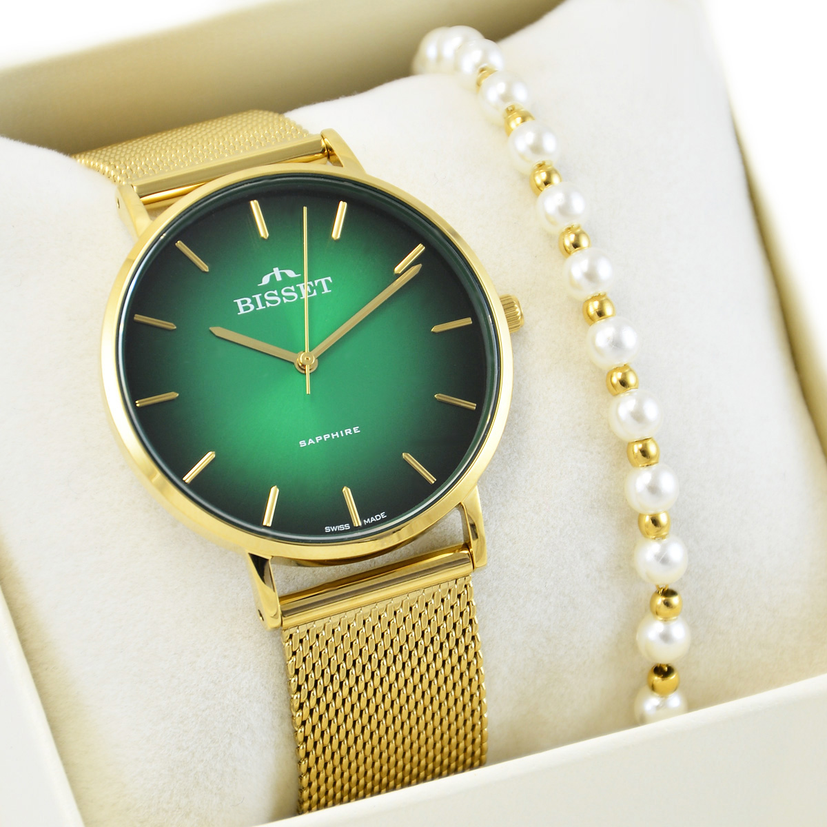 Švýcarské zlaté hodinky Bisset Aritte Dámská Sada Safírové Sklo