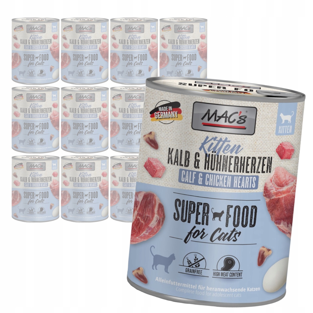 MAC's 12x800g bezobilné Vlhké Krmivo s telecím a drůbežím srdíčkem