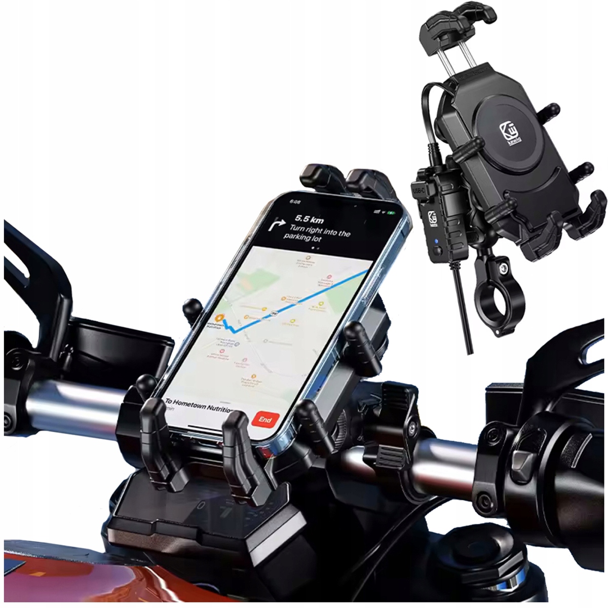 Držák na motocykl na telefon s nabíječkou Qi 15W, univerzální, otočný o 360°