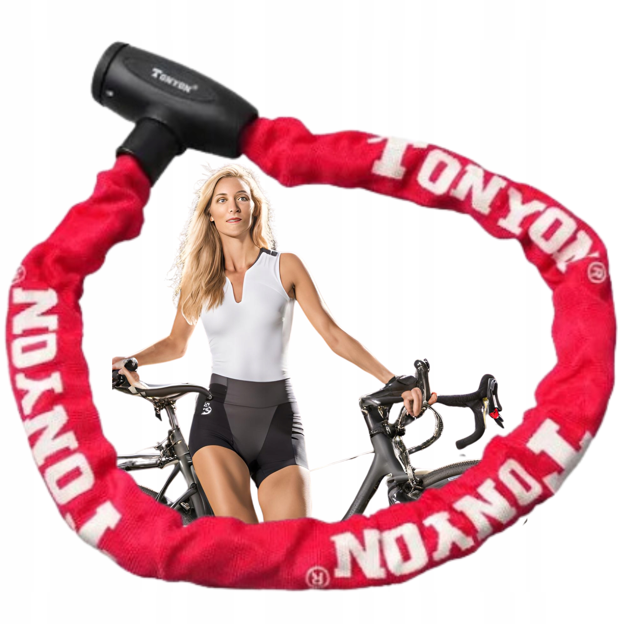 Solidne zapięcie rowerowe łańcuch 120 cm Tonyon czerwony z kluczem