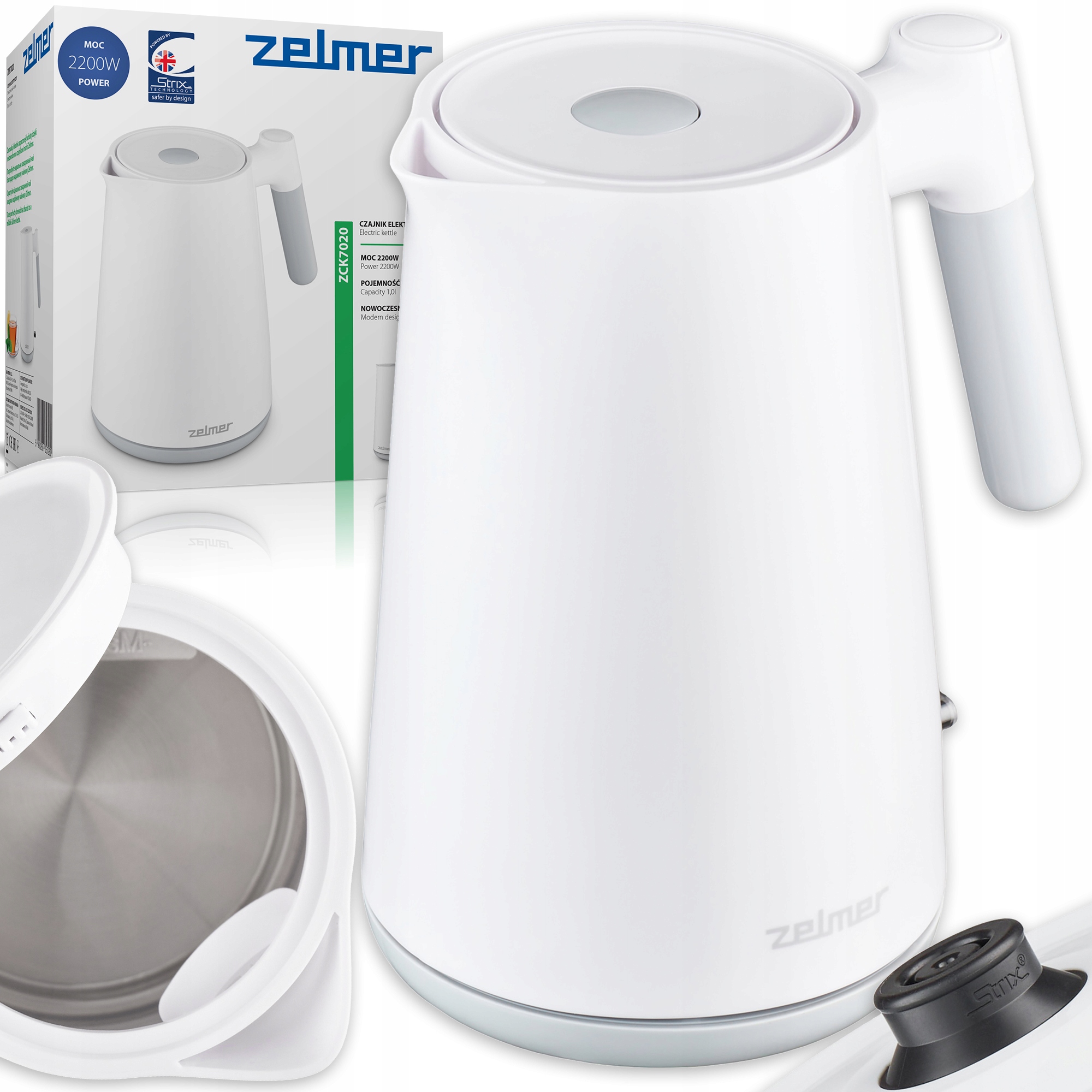 Czajnik Elektryczny Zelmer Bezprzewodowy Stal Nierdzewna Cichy 1L 2200W