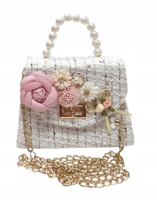 TOREBKA KUFEREK MINI ELEGANCKA PERŁY OZDOBIONA KWIATY SZTYWNA NA ŁAŃCUSZKU