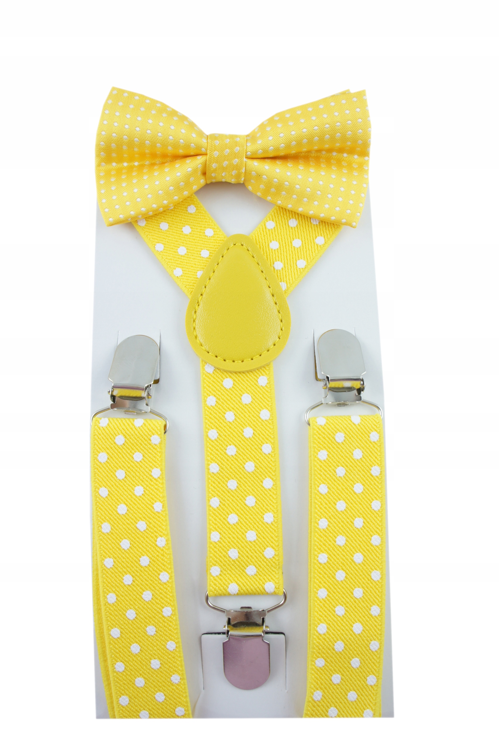 

Szelki i muszka w kropki groszki dla dziecka Żółte