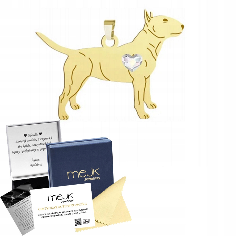 Zlatý přívěsek se psem Miniature Bull Terrier 925 Šperky Gravírování Bonus