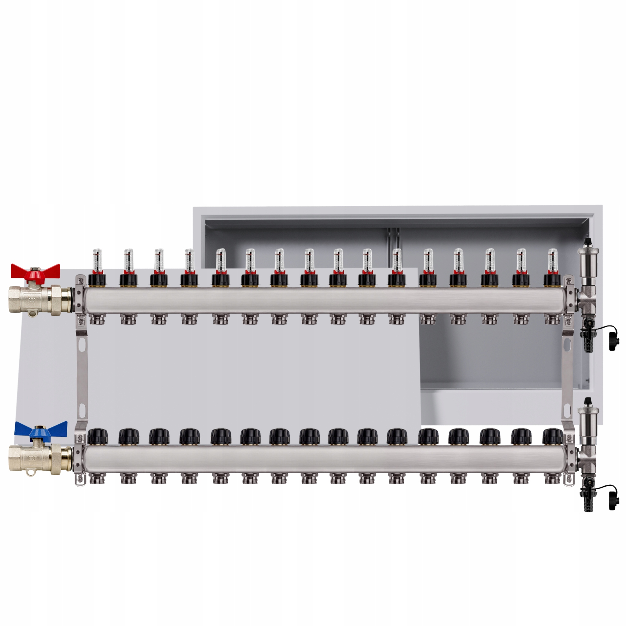 Rozdělovač nerezový Podlahovky 16 okruhů podomítková skříňka sada