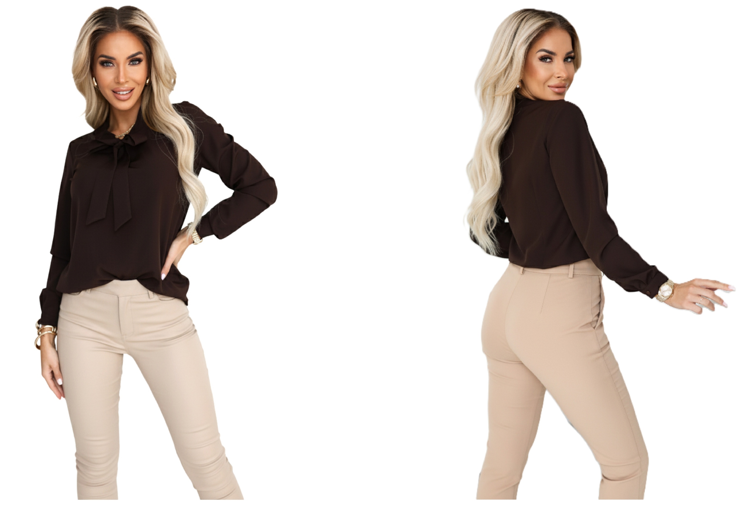 Elegantní Mikina Do Práce Na Schůzku Se Zavazováním Kolem Krku, Čokoládová, M