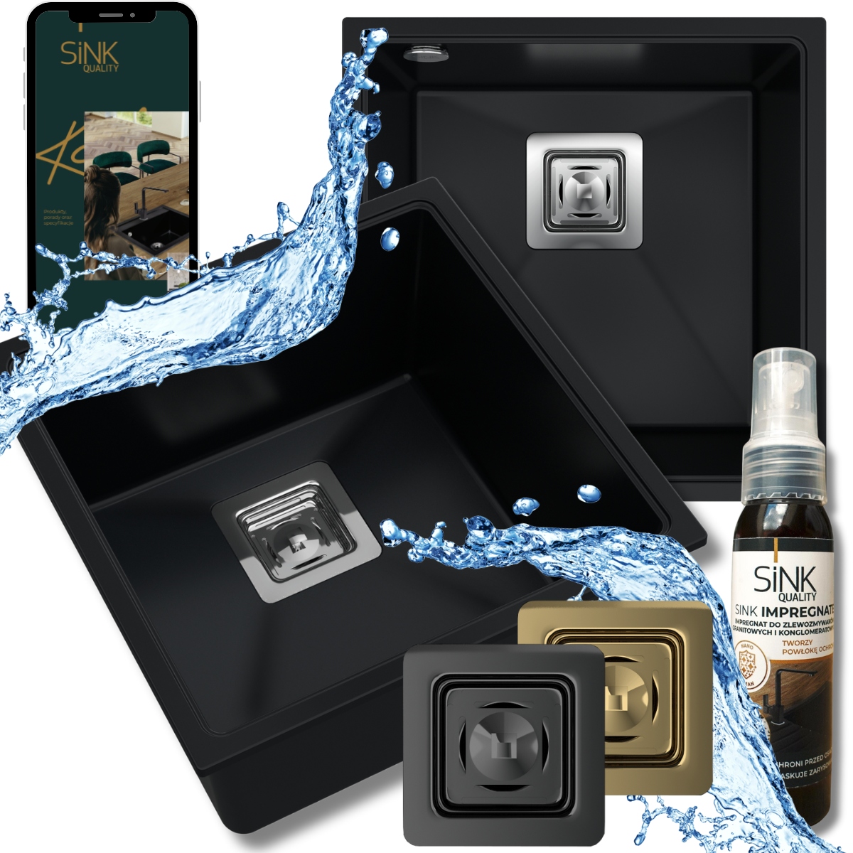 Dřez kuchyňský dřez Černý Granitový podstolový Jednokomorový Sifon