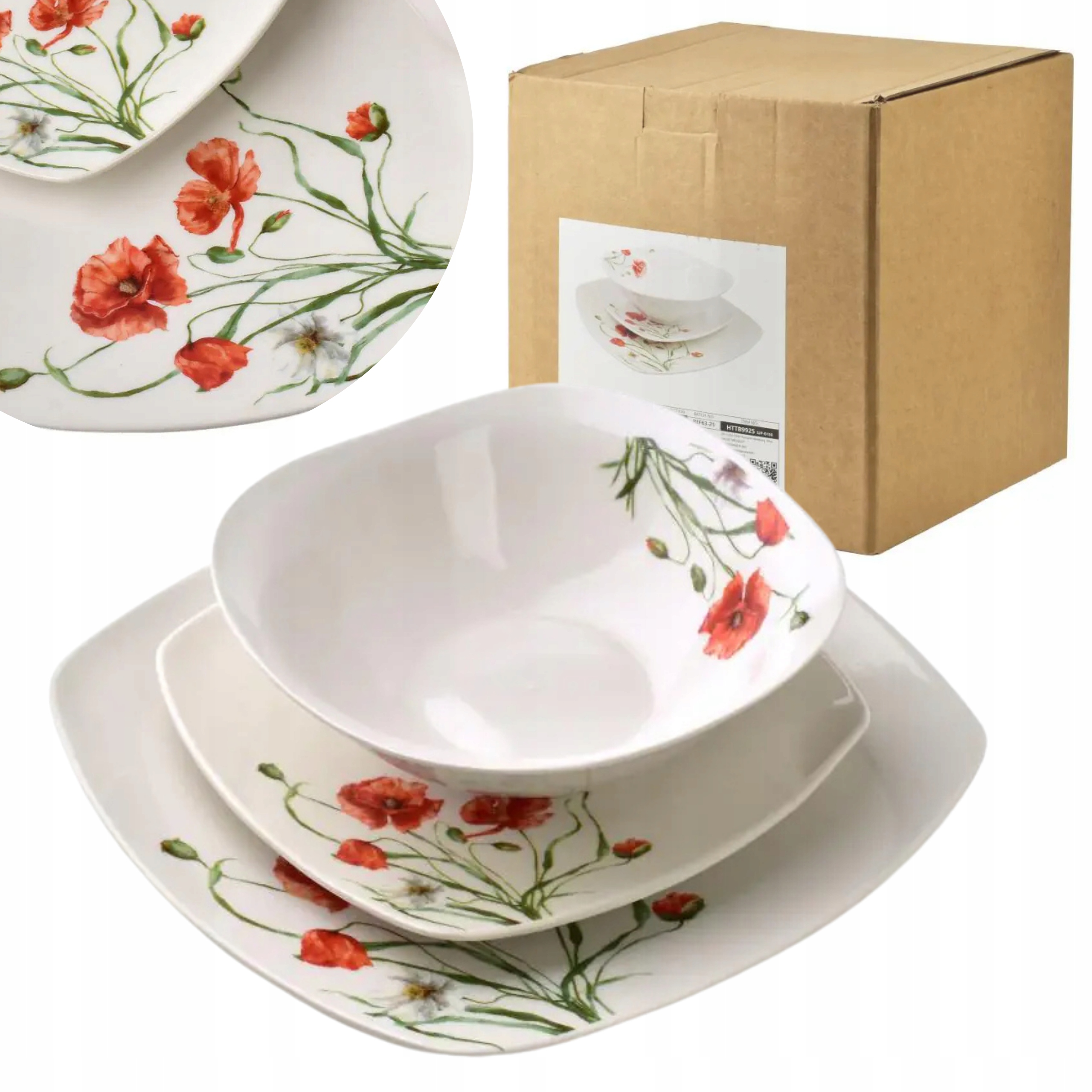 Sada tanierov 18 ks porcelánový obedový servis pre 6 osôb taniere s makom