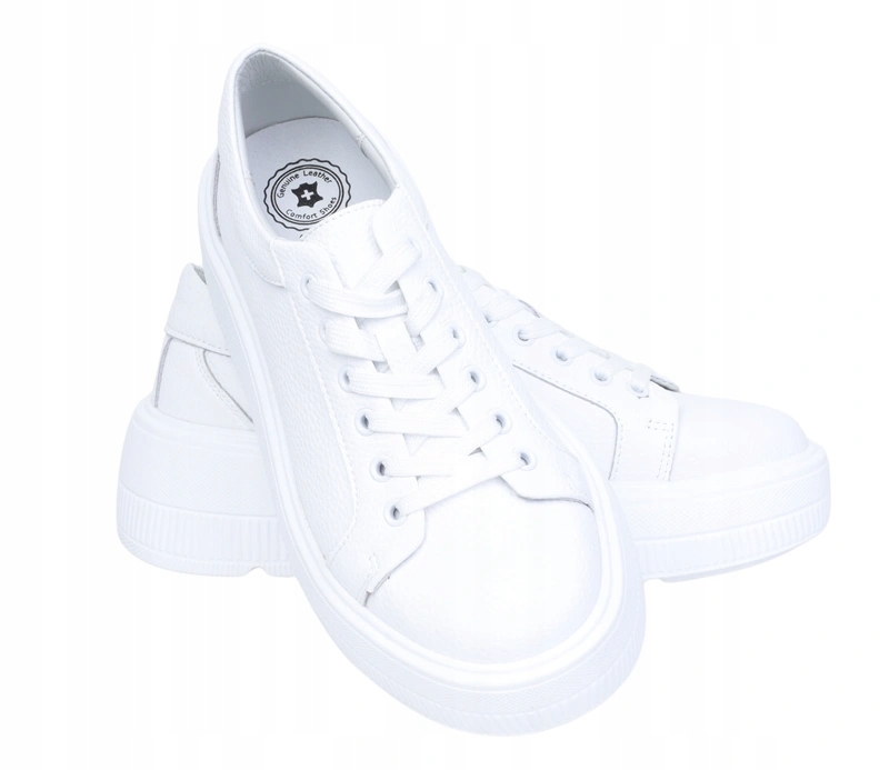 Białe skórzane sneakersy damskie na grubej platformie podeszwie Jezzi