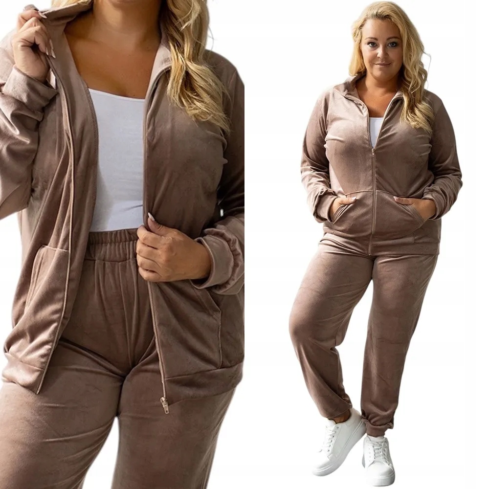 Dámská Teplákovka Velurová souprava bez kapuce 4XL/5XL Béžová