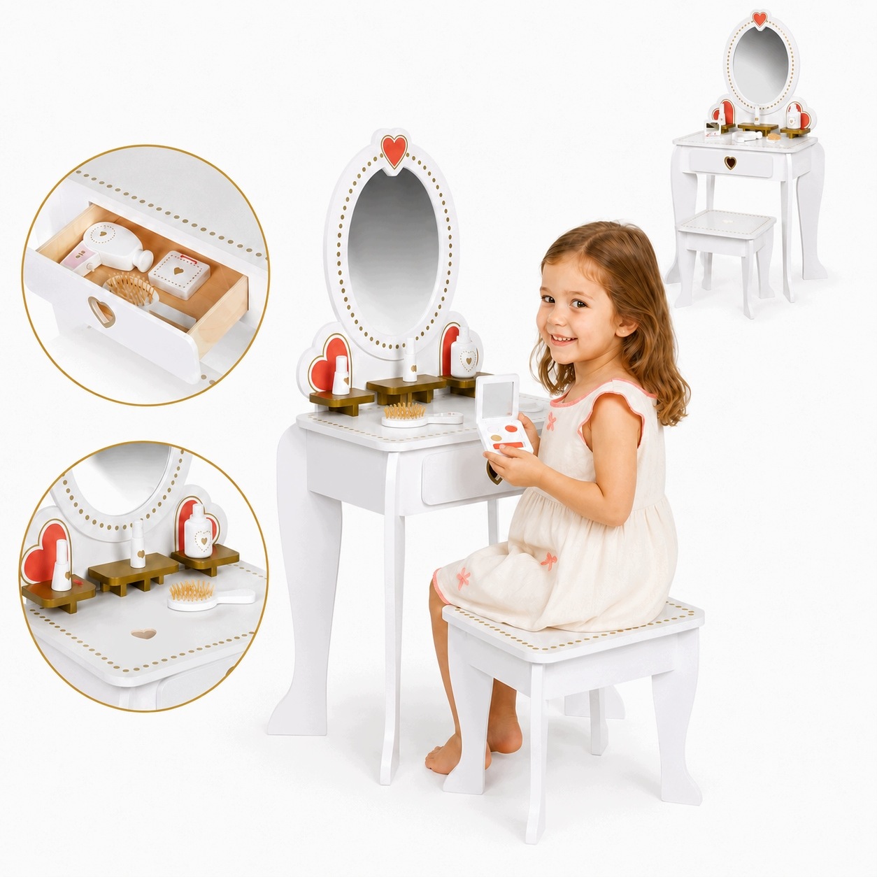 Toaletka Dla Dziewczynki Drewniana Lustro Taboret Akcesoria Biała 3+ 92,5cm