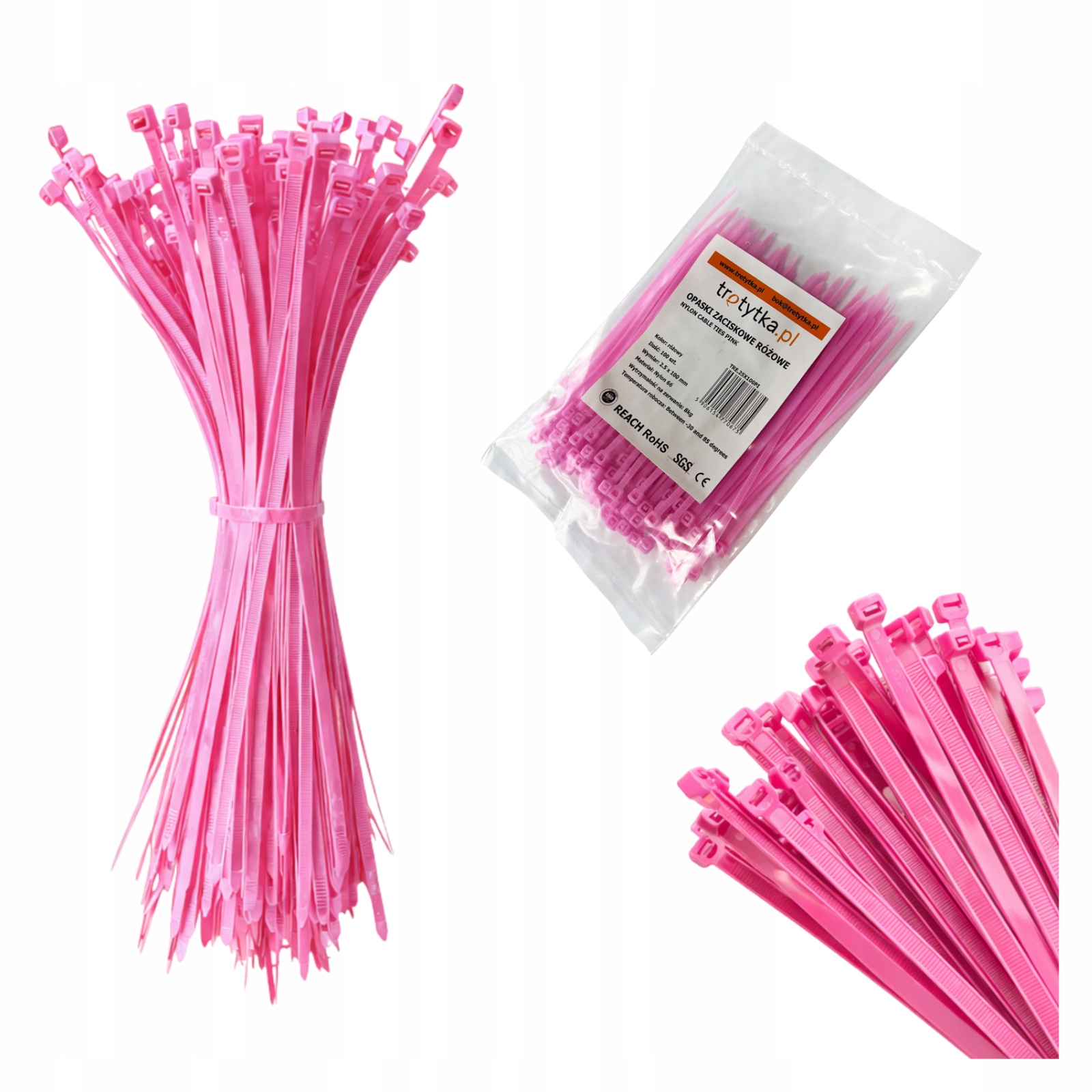 Opaski zaciskowe kablowe trytytki trytki Uv 2,5 x 100 mm, różowy 100 szt.