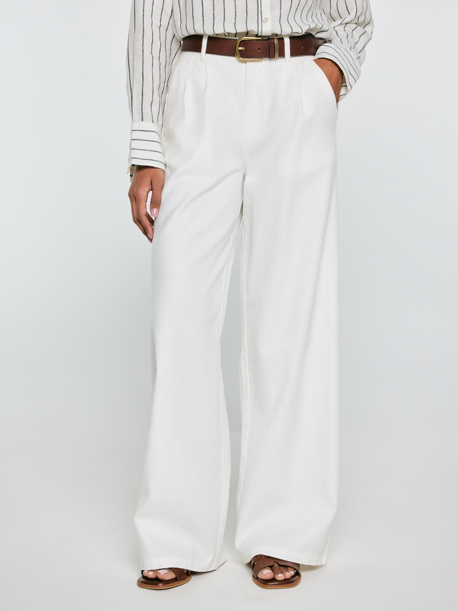 Big Star Spodnie damskie wide z domieszką lnu białe Malusi 100 M