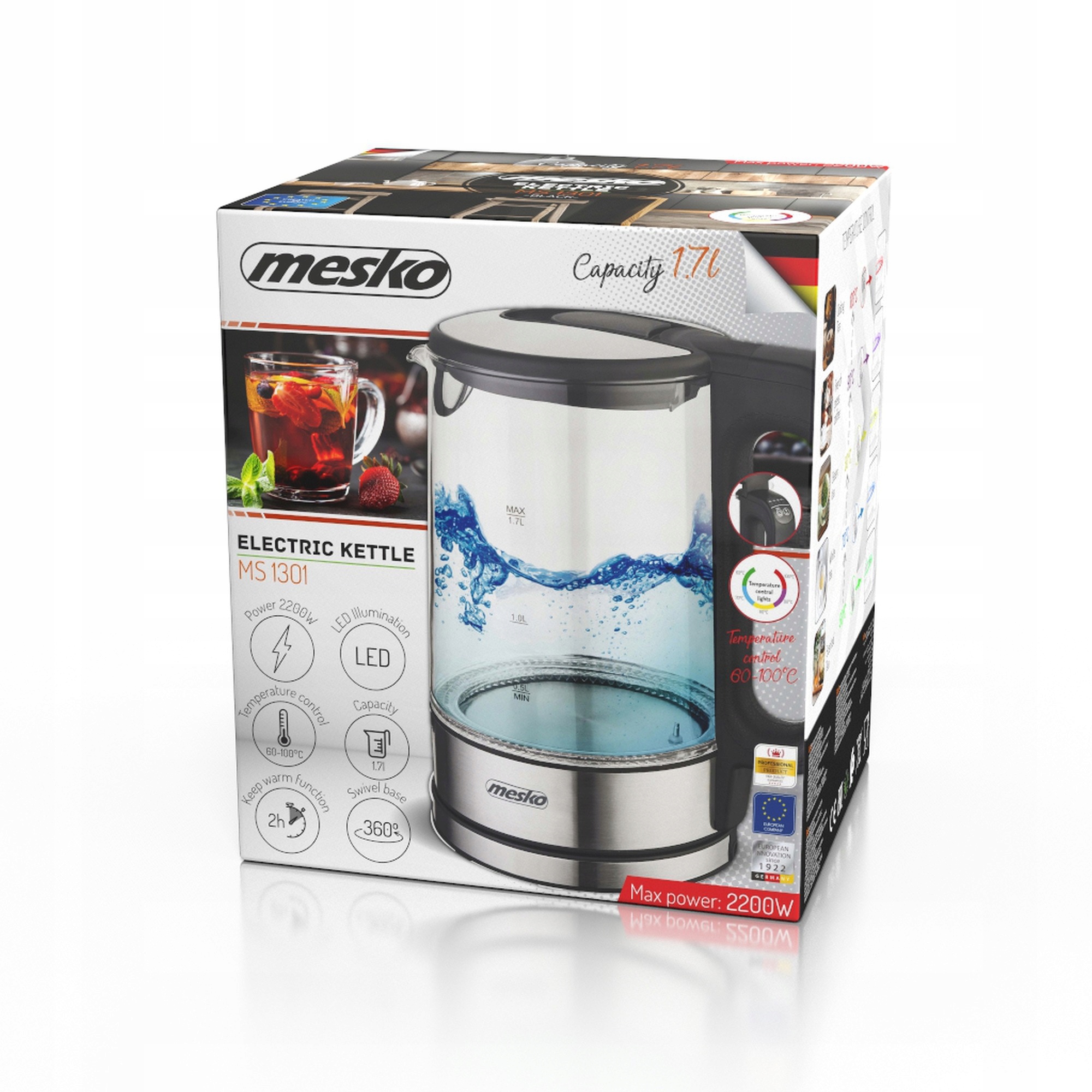 Czajnik Szklany MS 1301 Black 1,7L z Regulacją Temp. 1850W