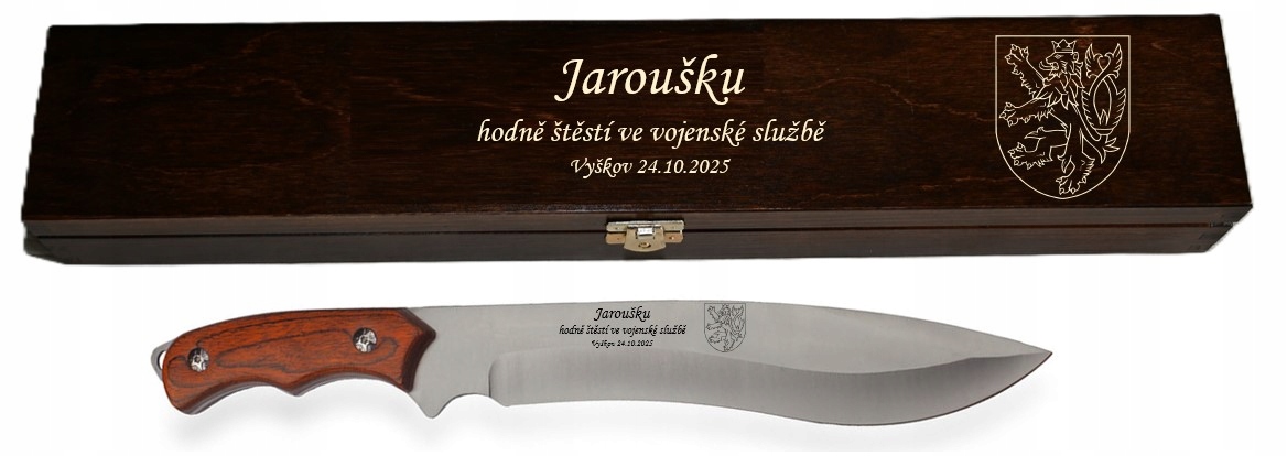 Vojenský Nůž s gravírováním , dárek Oath v elegantní dřevěné krabičce