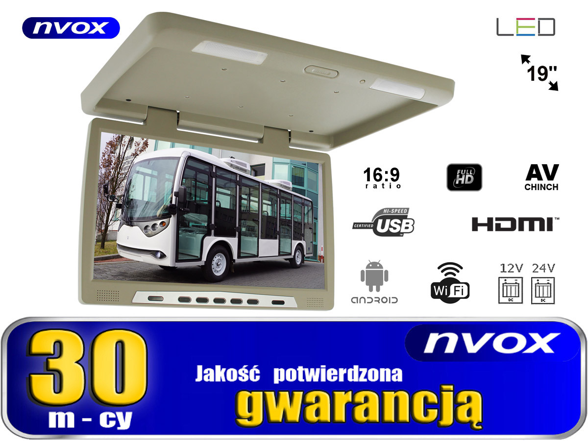 Monitor samochodowy podwieszany android 19' FullHD Montaż pod sufitem