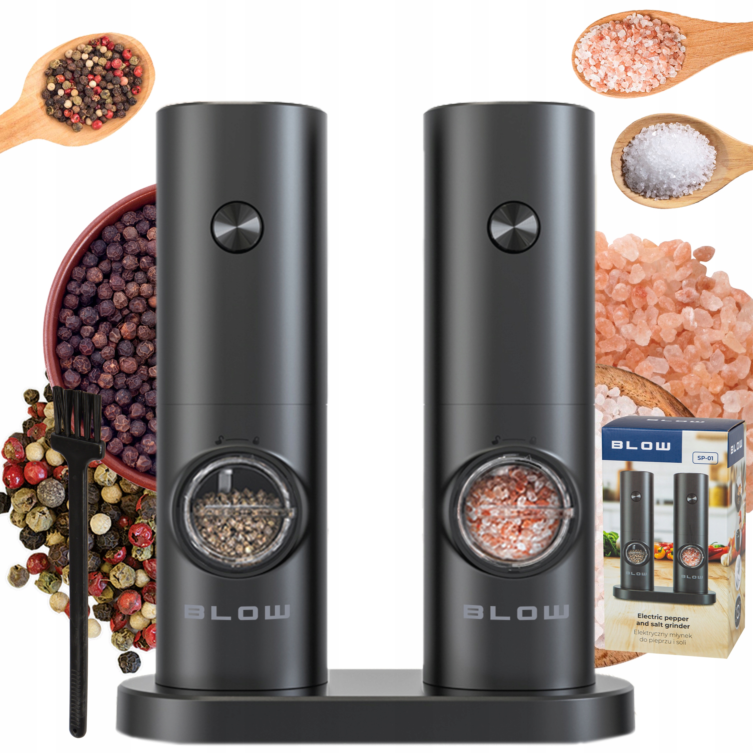 MŁYNEK DO PIEPRZU I SOLI PRZYPRAW ELEKTRYCZNY PODSTAWKA REGULACJA ZESTAW x2