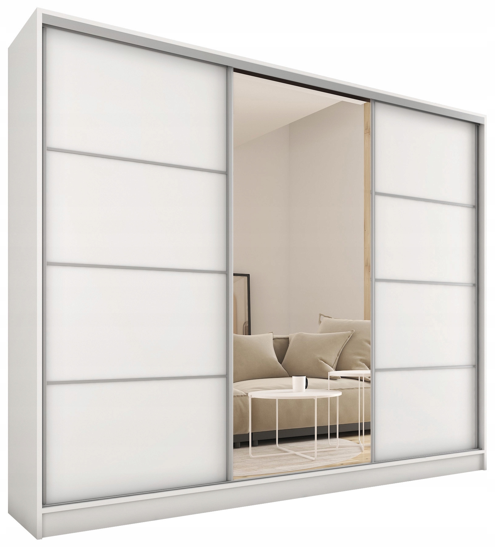 Szafa przesuwna z lustrem TOP 280 cm z półkami drążki szuflady biała