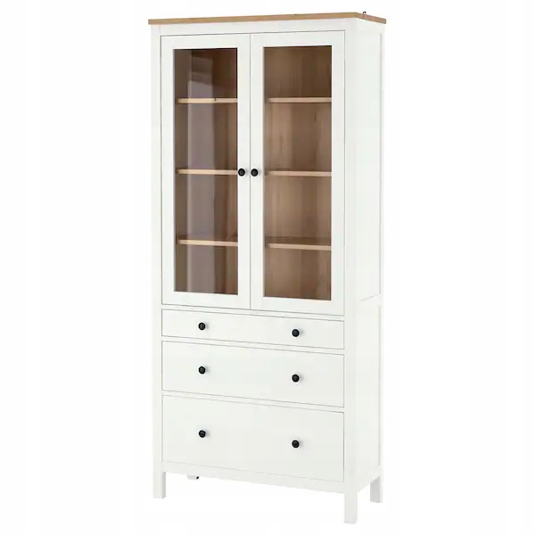 Hemnes Witryna z 3 szufladami, biała bejca/jasnobrązowy, 90x197 cm