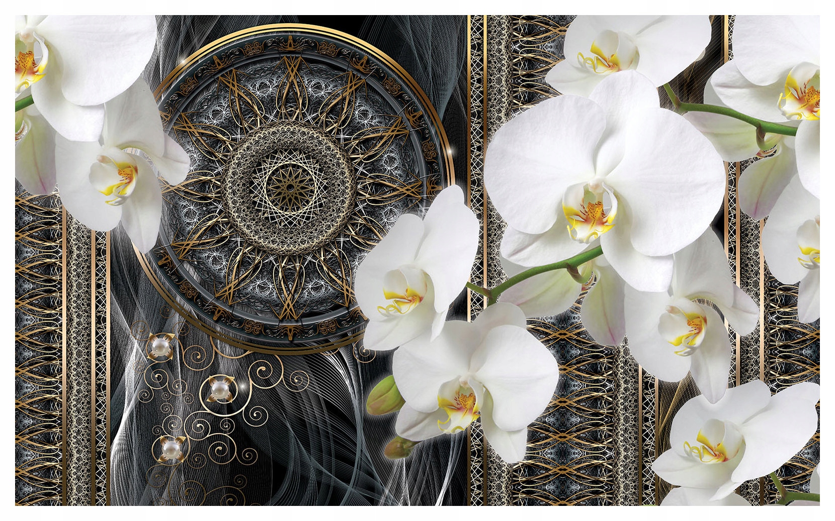 Fototapeta Bílé orchideje Zlatá Mandala Abstrakce Luxus 312x219 lepidlo