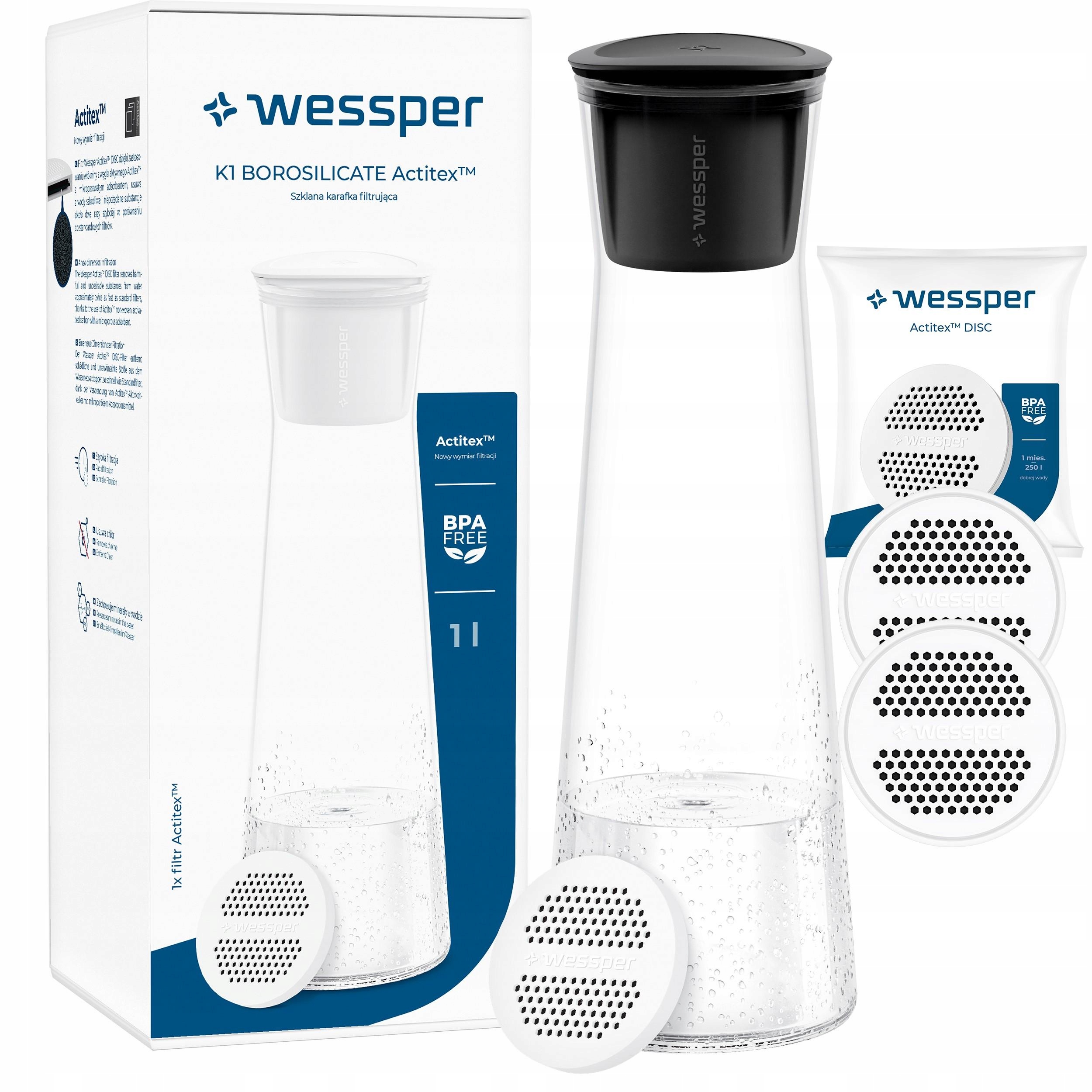 Skleněná filtrační karafa Wessper K1 Boroscilicate 1L 3x vodní filtr