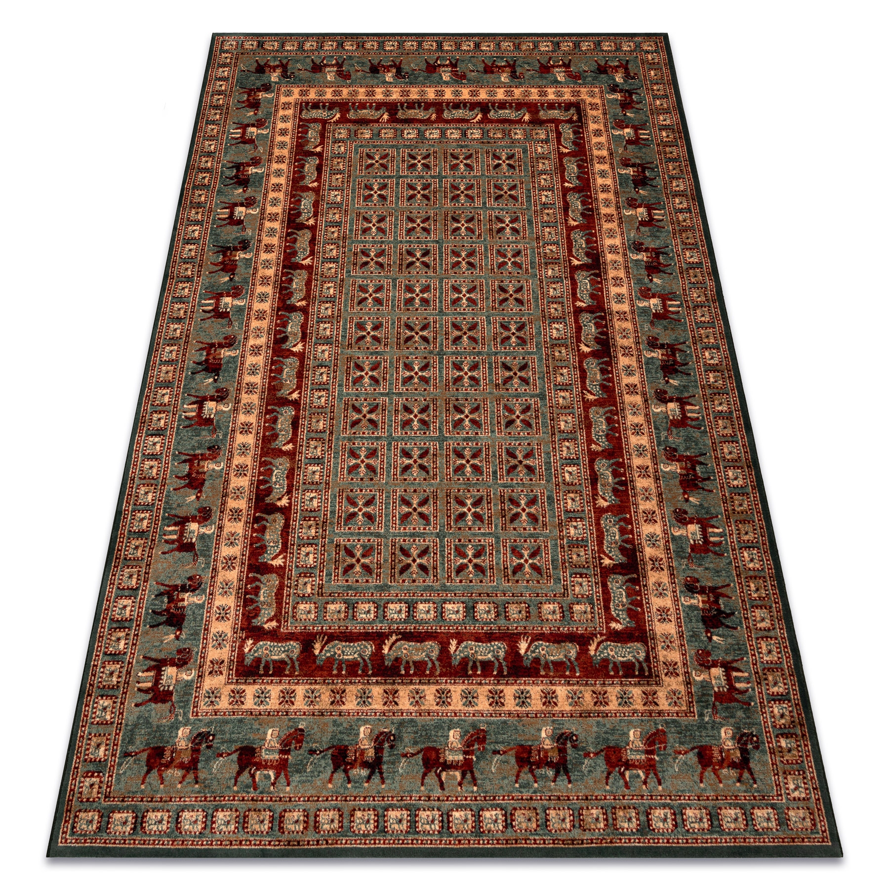 Wełniany Dywan Do Salonu Orientalny Ramka Wzorki Stylowy zielony 135x200 cm