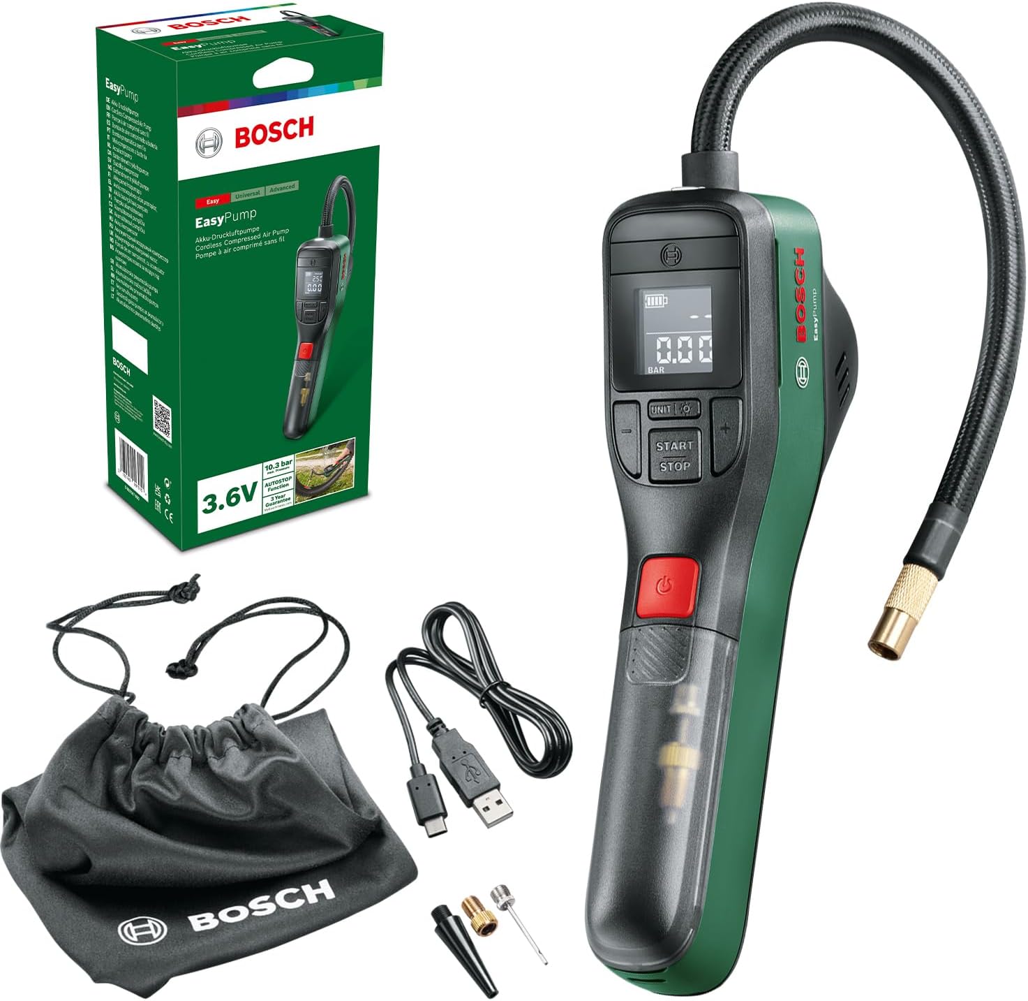 Bosch EasyPump Akumulátorová Kompresorová Pumpa 10.3 bar 3.6 V Pneumatiky Led míčky Usb-c