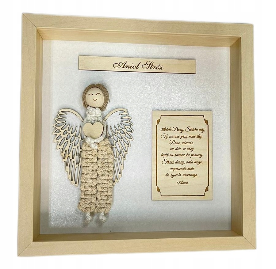 Anděl strážný v rámečku – ručně vyrobená dekorace s modlitbou Křest Svaté Přijímání