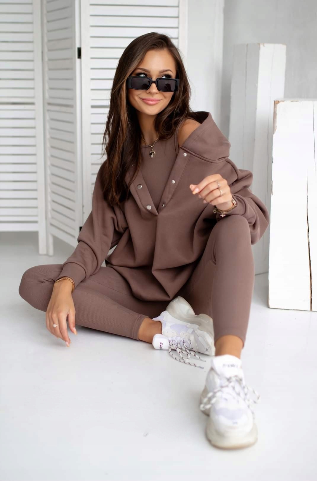 Komplet dresowy 3częściowy Dres Napy Brązowy Bluza+Legginsy+Top