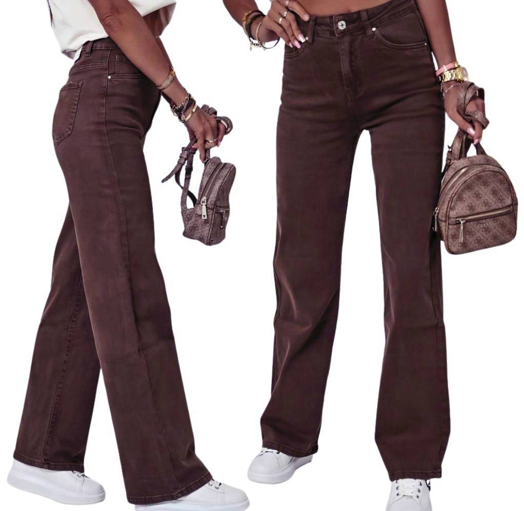Spodnie Damskie Jeansy Dzwony Szerokie Wide Leg Czekoladowe Brązowe