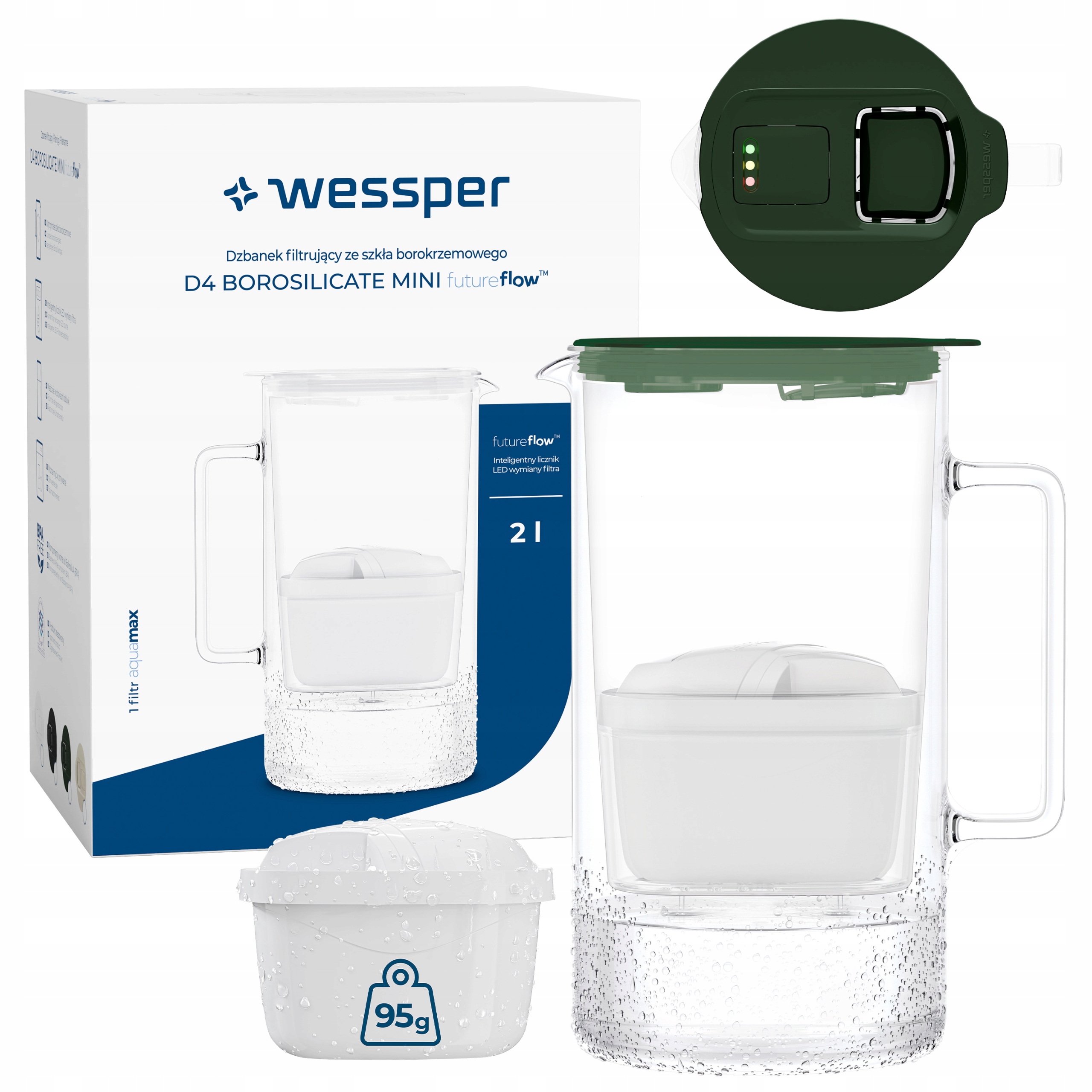 Dzbanek filtrujący szklany Wessper D4 Borosilicate Mini Ff 2l 2x filtr