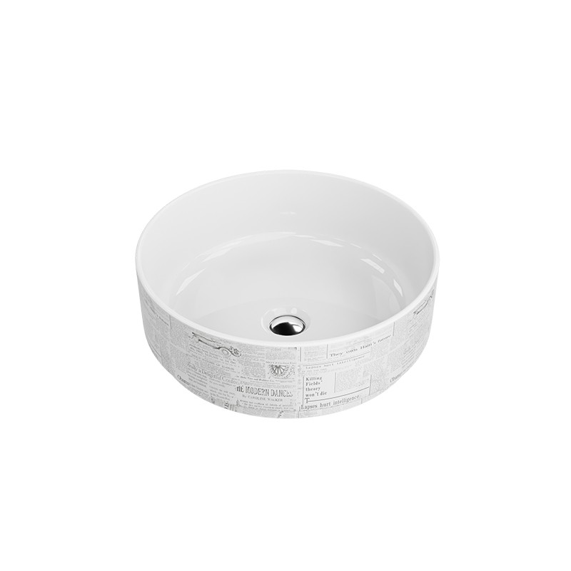 Umyvadlo na desku Papel, moderní porcelán, vzor novin, bílá barva