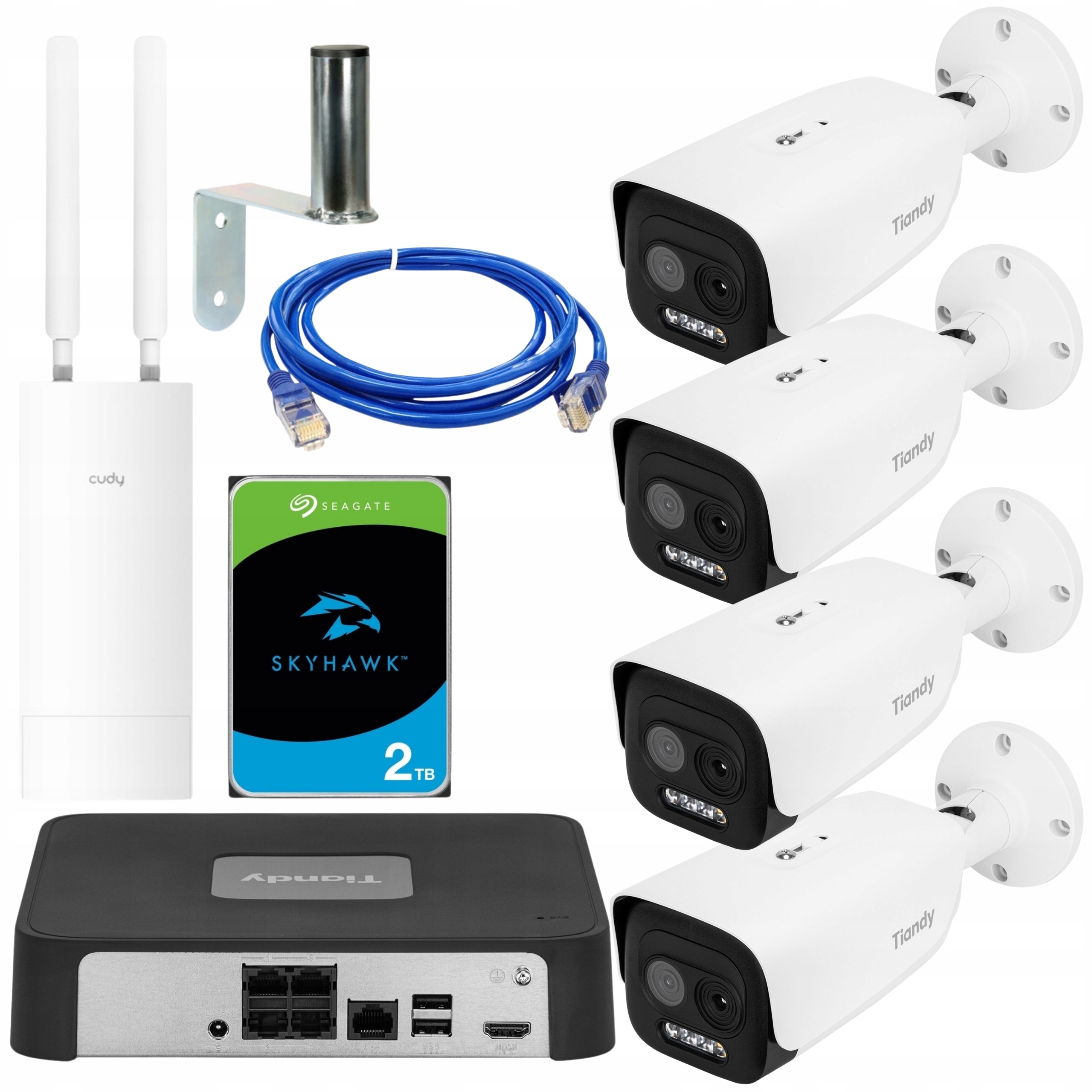 Monitorovací sada 4x kamera Tiandy 3.7Mpx rekordér disk 2TB router Cudy