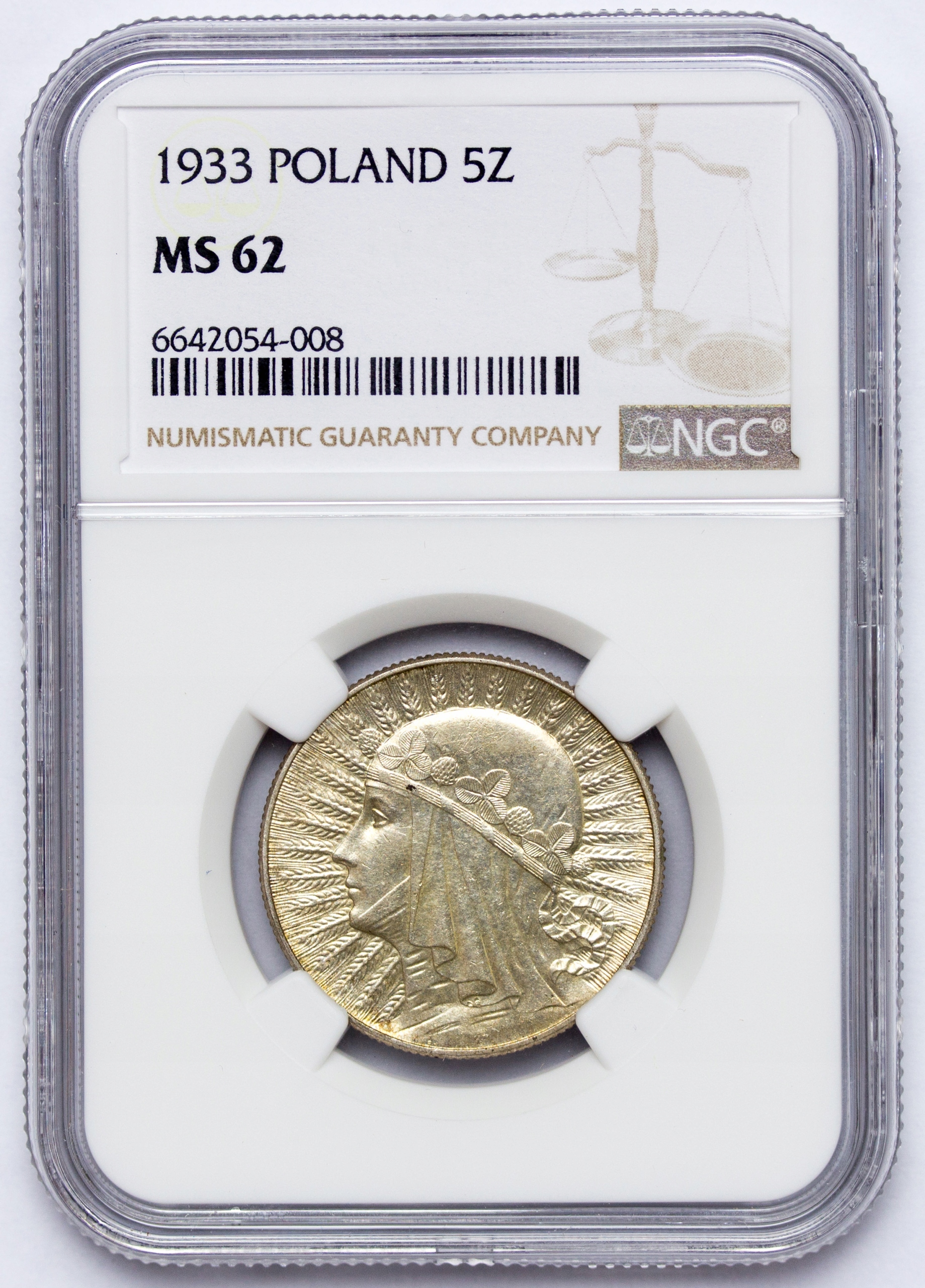 Polska, II RP, 5 złotych 1933, Głowa kobiety, NGC MS62