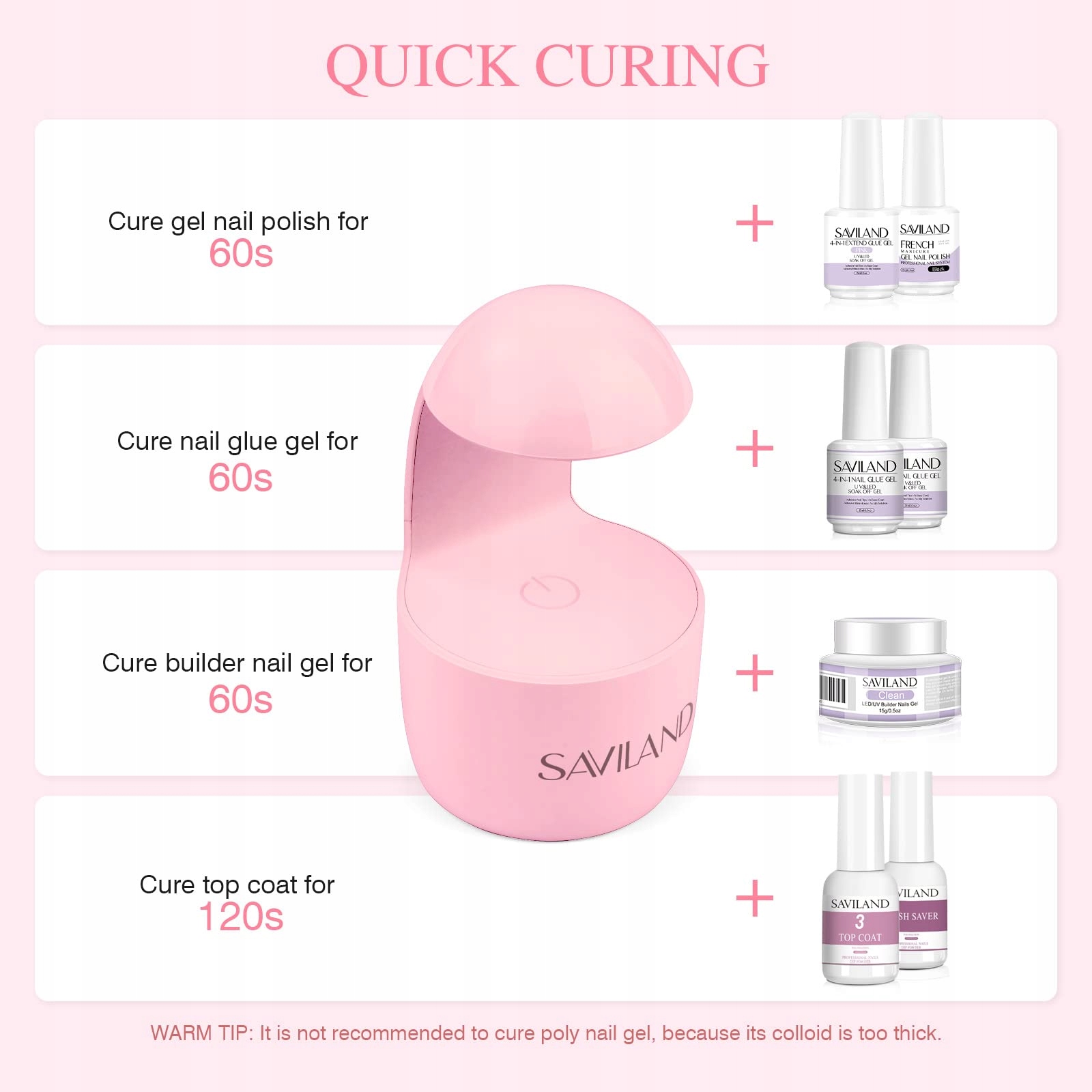 SAVILAND Mini UV Nail Lamp Portable Quick Drying for Beginners Pink — miniatura 3