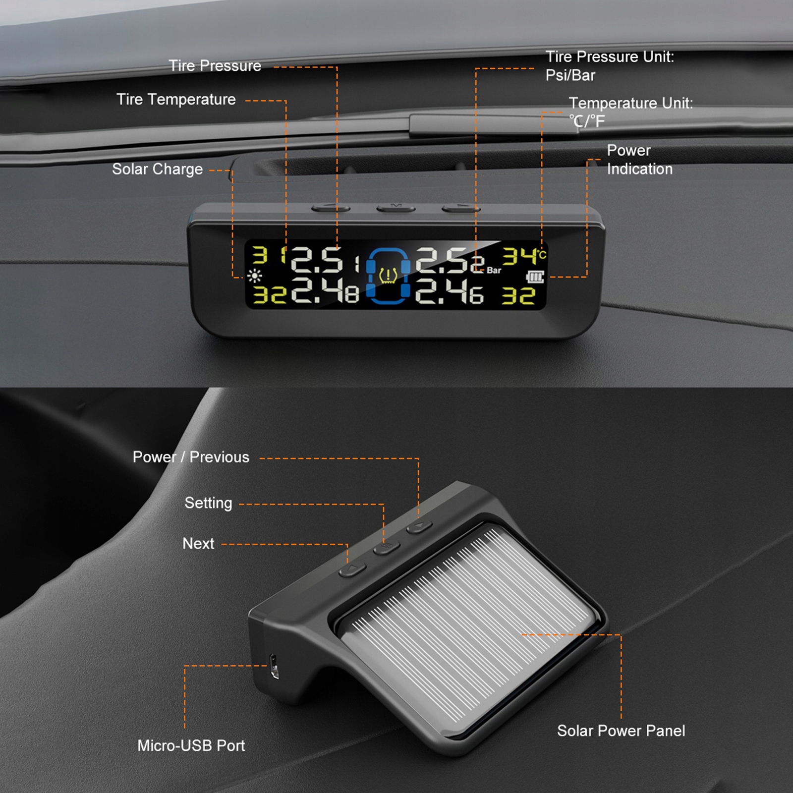 Saulės TPMS sistema automobiliui su 4 išoriniais jutikliais, LCD, iki 6 bar