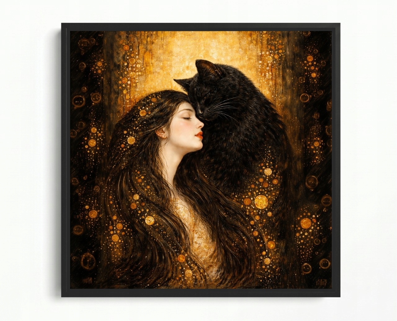 Obraz Rám Americká Krabička Portrét Žena Černá Kočka Gustav Klimt Styl 80x80