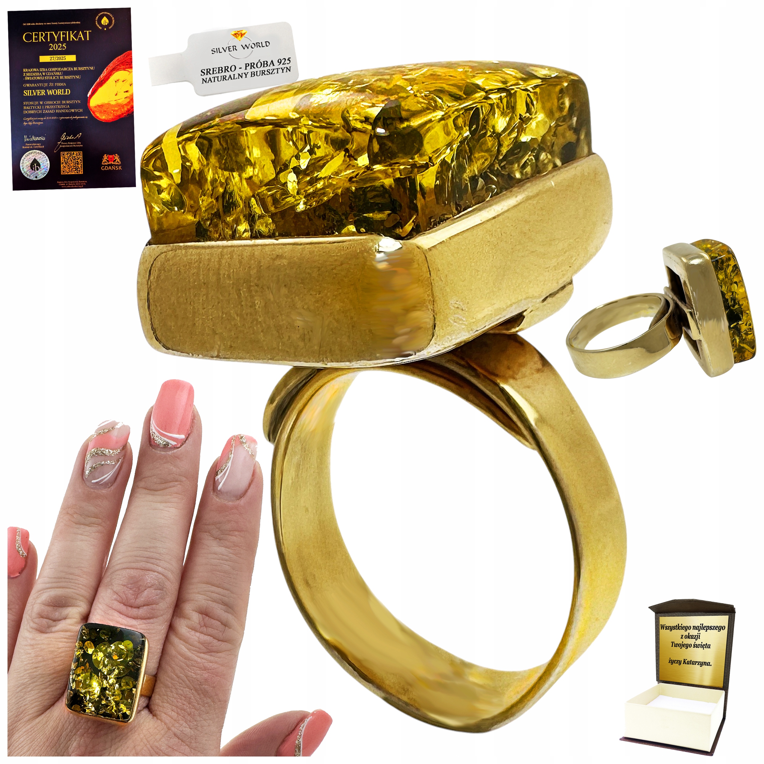 Prstýnek Se Zeleným Jantarem, Zlacený, Nastavitelný Gravírování PB11