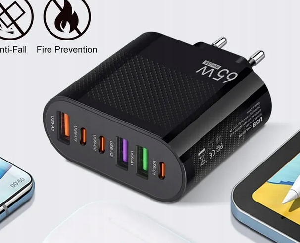 SZYBKA ŁADOWARKA SIECIOWA DO TELEFONU MOCNA QC 3 65W moc 6 wyjść PDA, USB